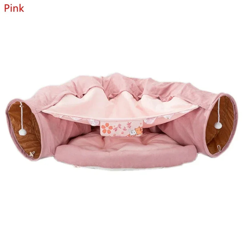 Collapsible Cat Tunnel Bed With Plush Mat for Interactive Play