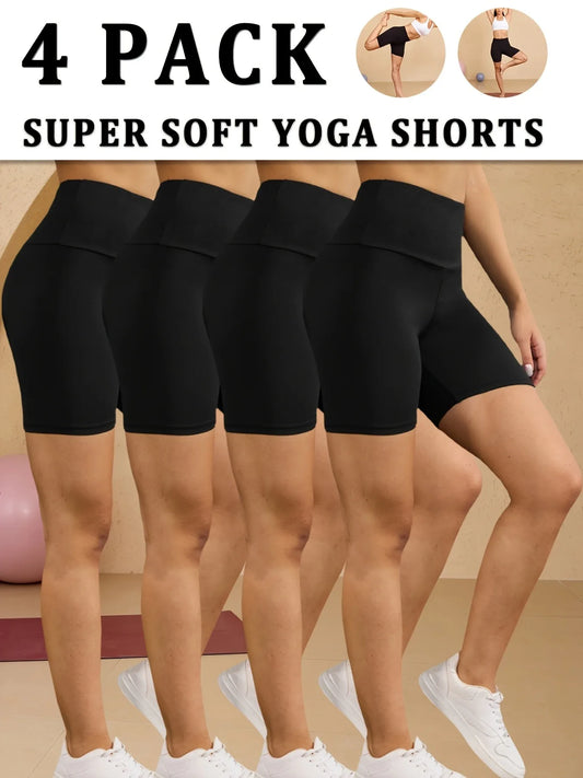4pcs Women's High-waisted Shorts, Slim-fit Style, Breathable, High Elasticity, Solid Color, Suitable For Yoga And Running