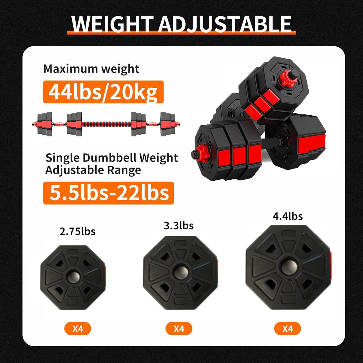 Adjustable Dumbbell To Barbell Set 44lb Anti Slip Grip 3in1