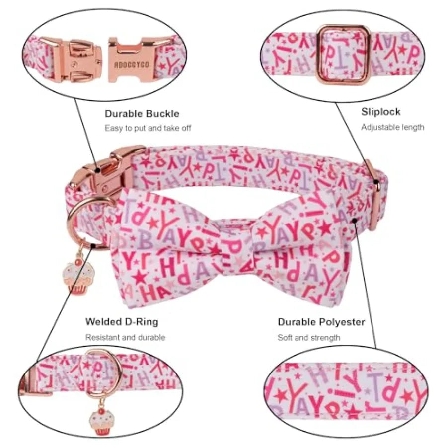 Dog Collars with Bow, Detachable Bowtie, Metal Buckle, Adjustable Girl Pet Party Supply for Dogs