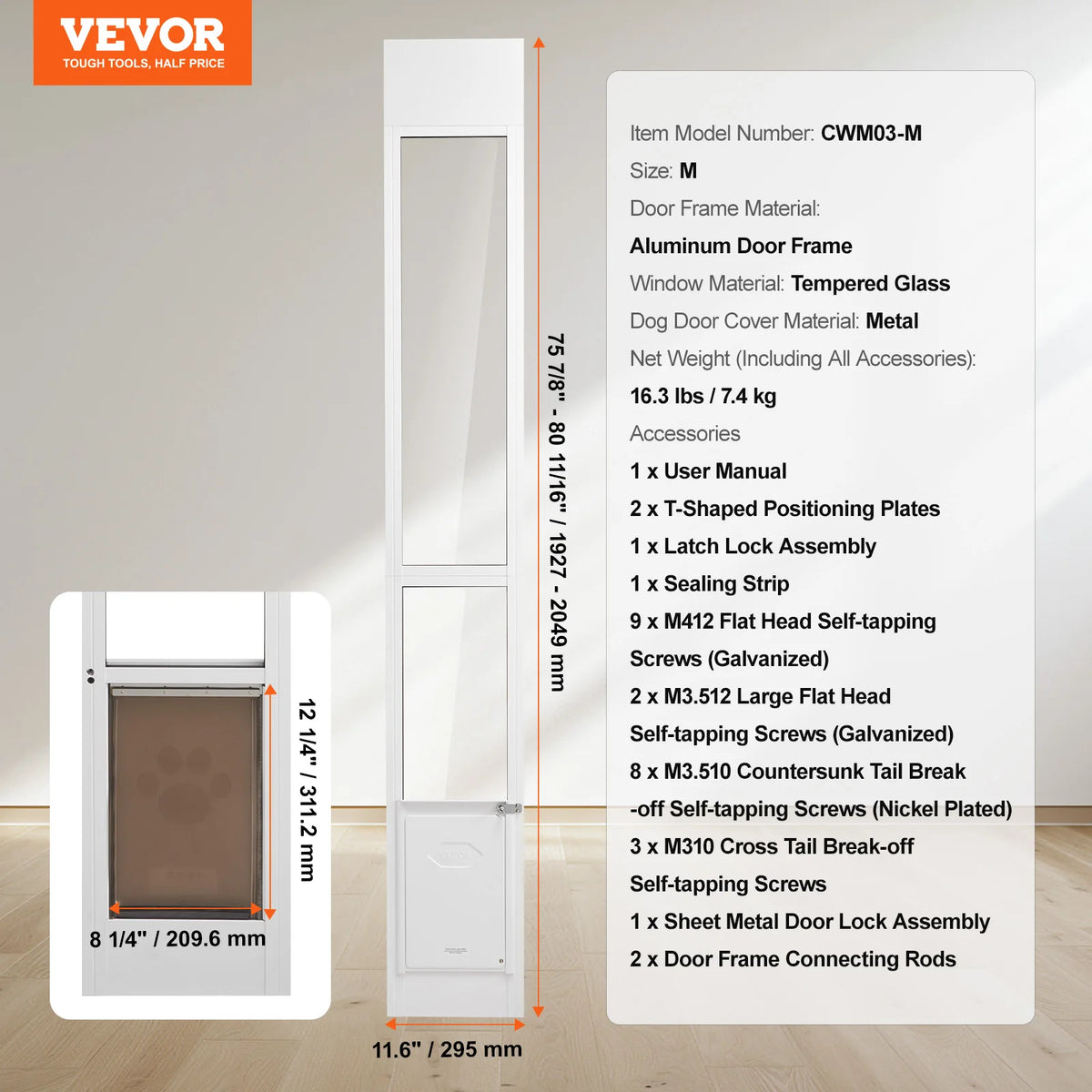 SucceBuy Adjustable Height Dog Door With Sliding Glass Aluminum Frame
