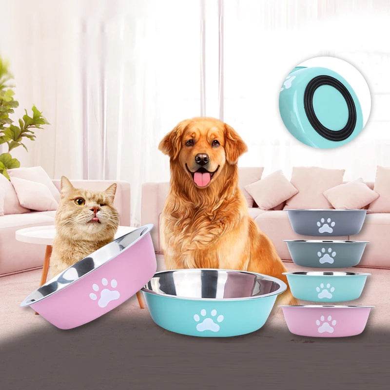 Stainless Steel Pet Bowl With Paw Print Non Slip Base