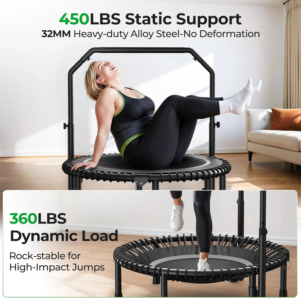 BCAN Mini Rebounder Trampoline With Adjustable Handle For Full Body Workout
