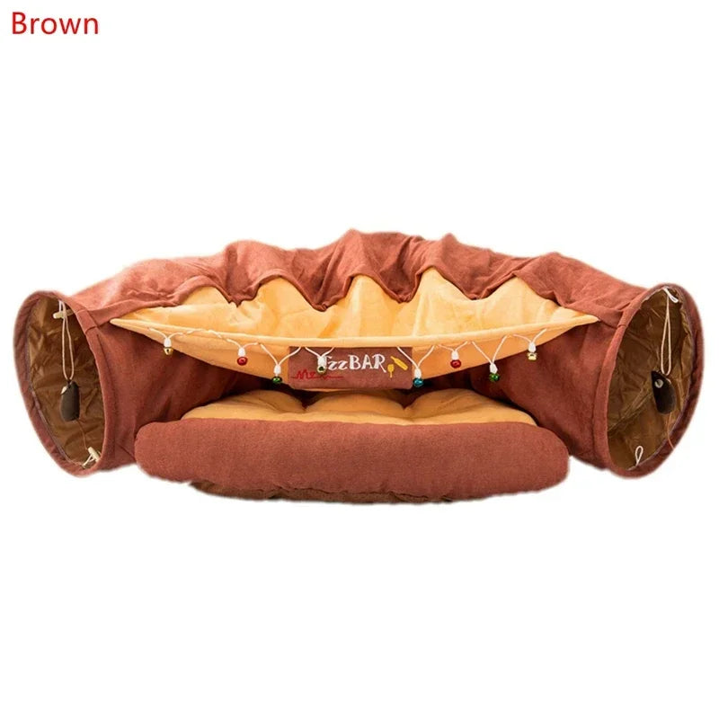 Collapsible Cat Tunnel Bed With Plush Mat for Interactive Play