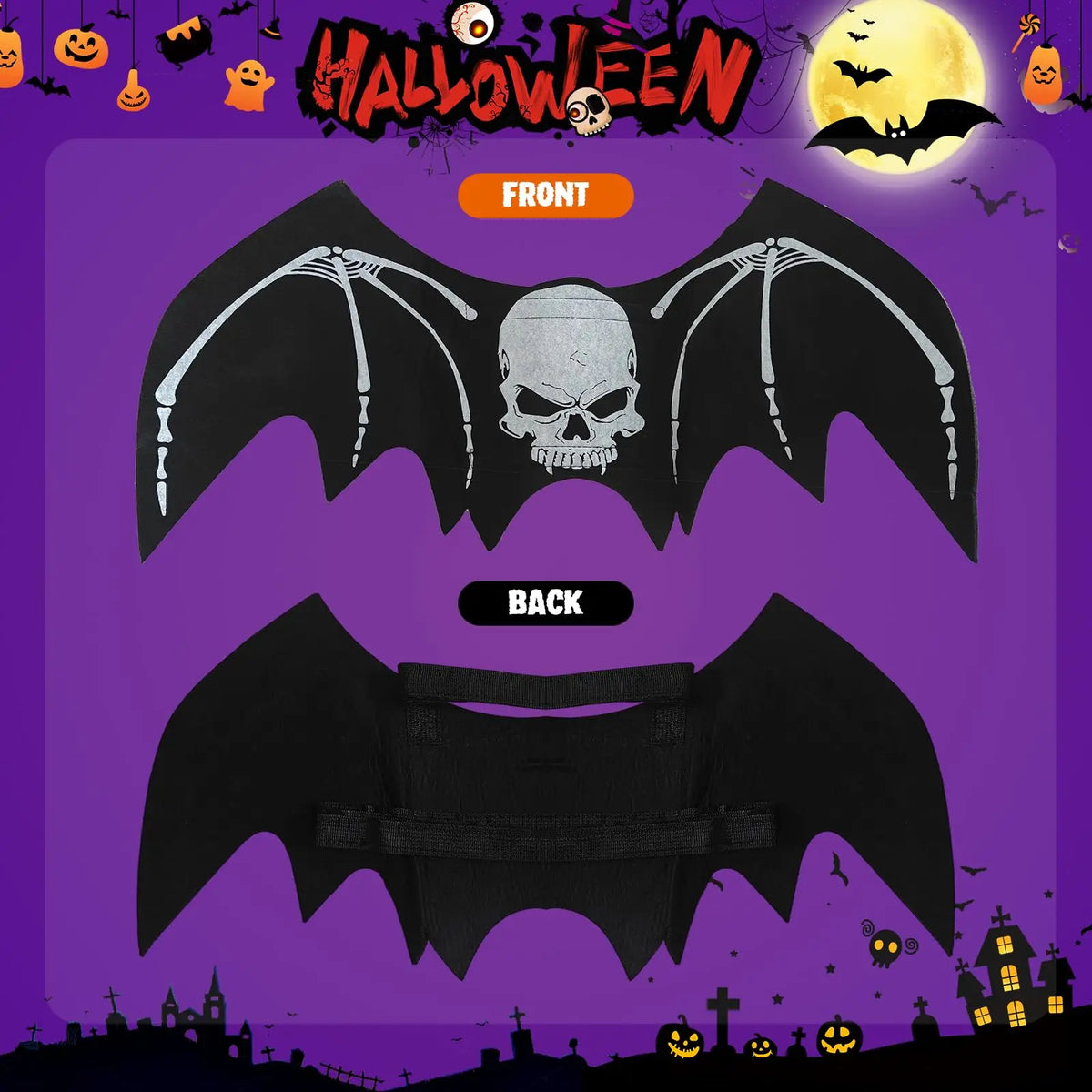 Halloween Bat Wing Dog Costume Skeleton Print And Pumpkin Bell