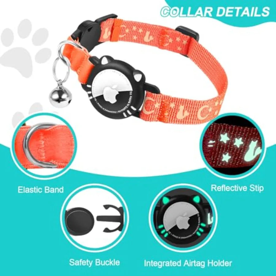 Cat Collar with Airtag Holder, Reflective Cats Collar Breakaway with Bell, Pet Tracker Compatible with Apple Air Tag for Kitten