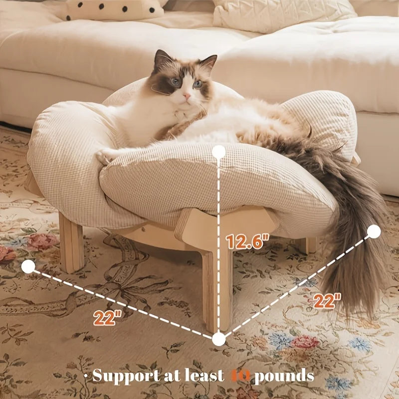 Raised Wooden Cat Bed with a Soft Cushion; Cozy Pet Sofa Designed for Indoor Use; an Elevated Lounging Spot Ideal for Small Dogs
