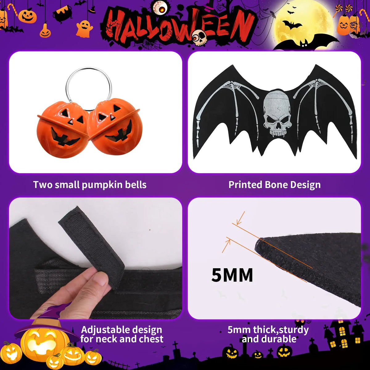 Halloween Bat Wing Dog Costume Skeleton Print And Pumpkin Bell