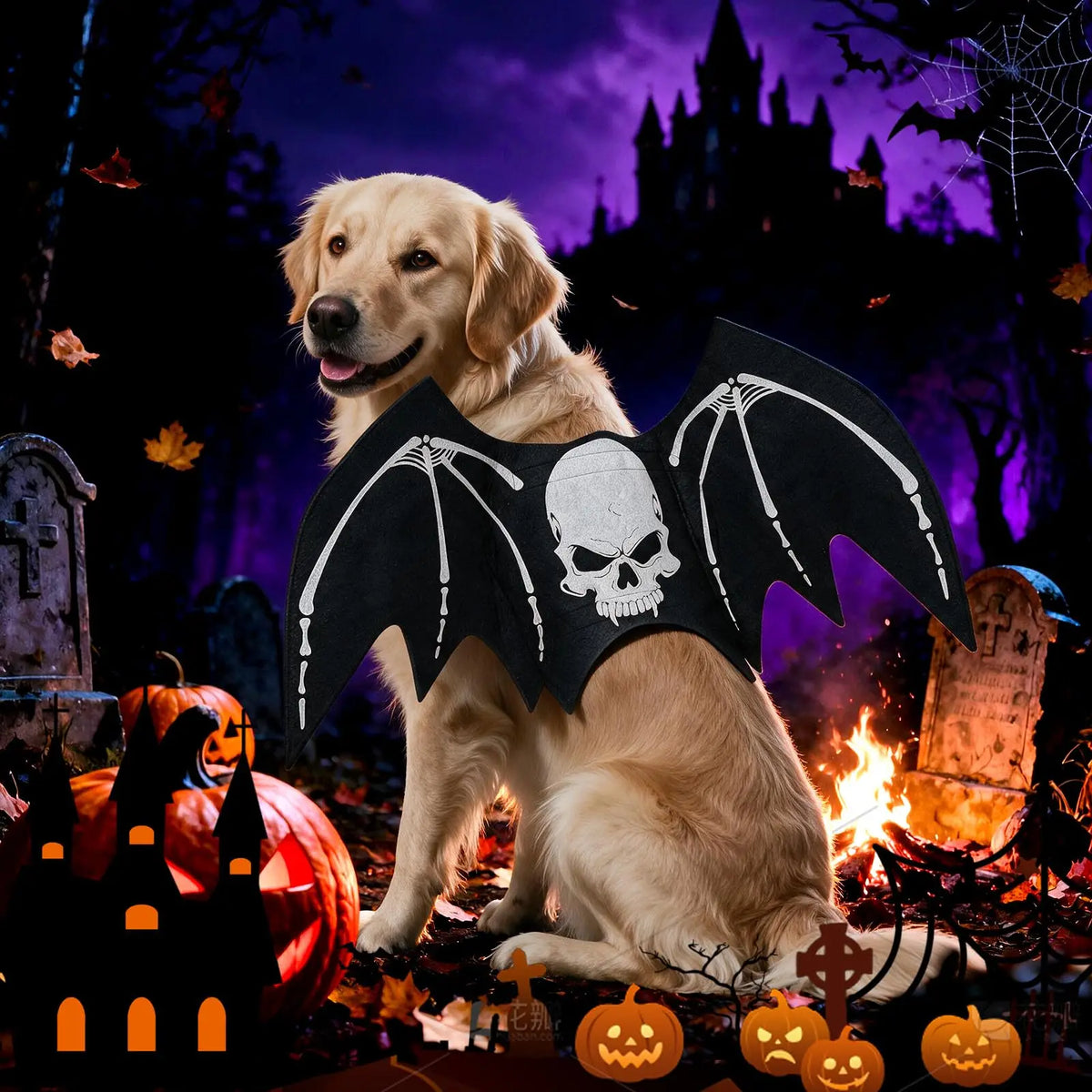 Halloween Bat Wing Dog Costume Skeleton Print And Pumpkin Bell