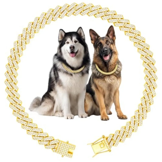 Luxury Cuban Link Dog Collar Dog Chain Necklace with Diamond Rhinestones - 0.59 Inch Width Metal Pet Collar Jewelry for Small M