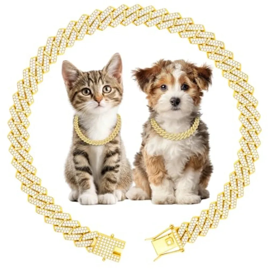 Luxury Cuban Link Dog Collar Dog Chain Necklace with Diamond Rhinestones - 0.59 Inch Width Metal Pet Collar Jewelry for Small M