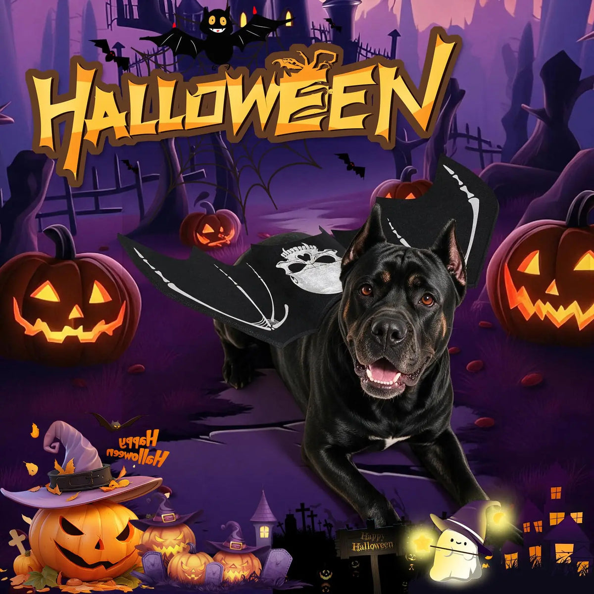 Halloween Bat Wing Dog Costume Skeleton Print And Pumpkin Bell