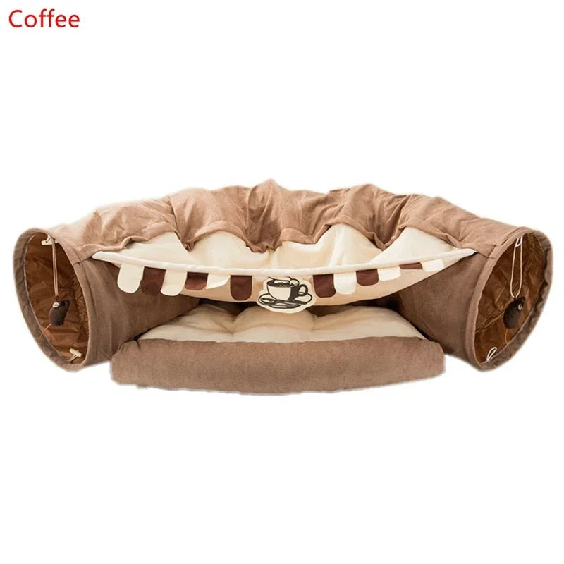 Collapsible Cat Tunnel Bed With Plush Mat for Interactive Play