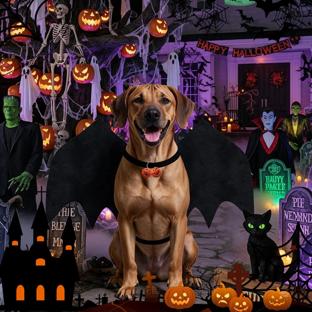 Halloween Bat Wing Dog Costume Skeleton Print And Pumpkin Bell