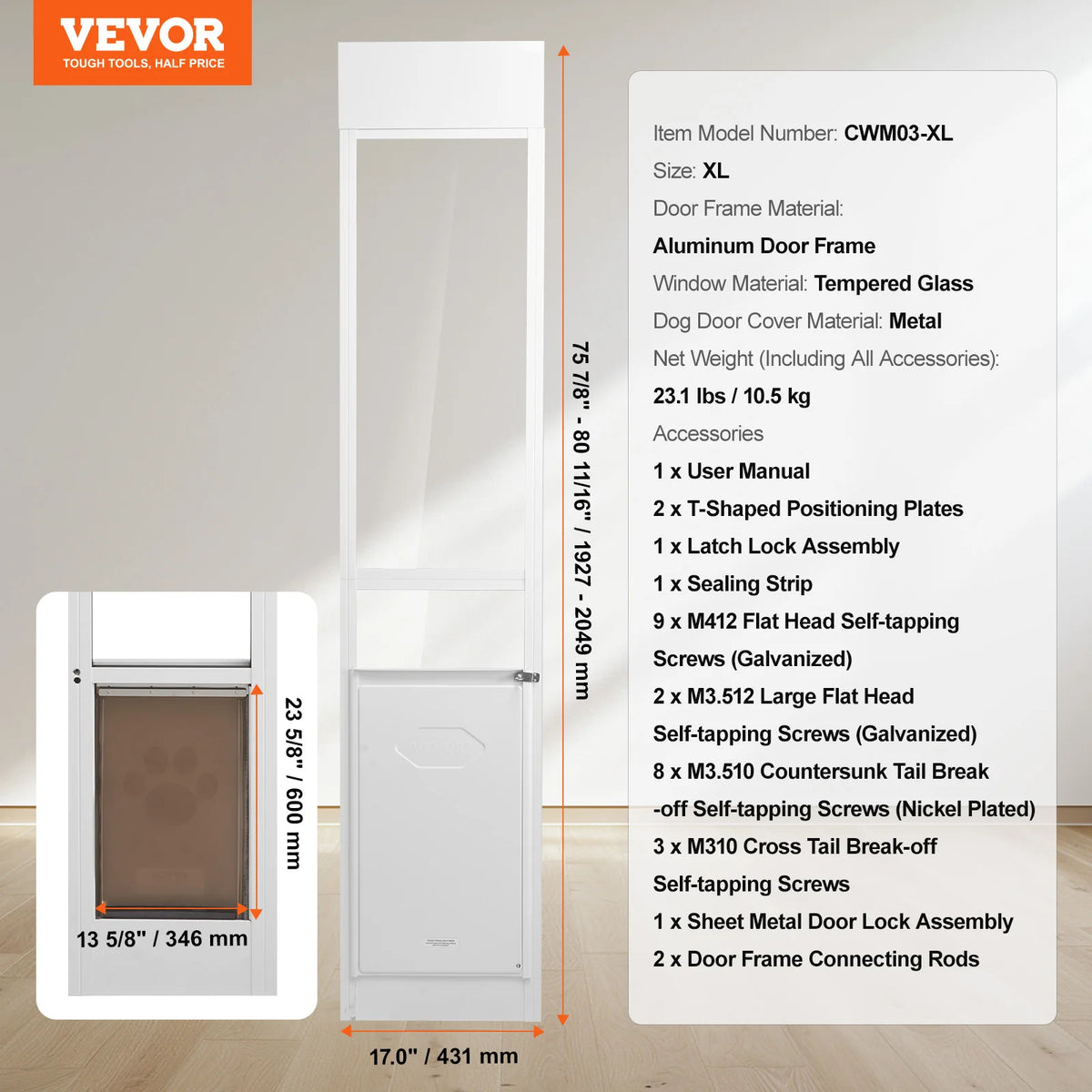 SucceBuy Adjustable Height Dog Door With Sliding Glass Aluminum Frame