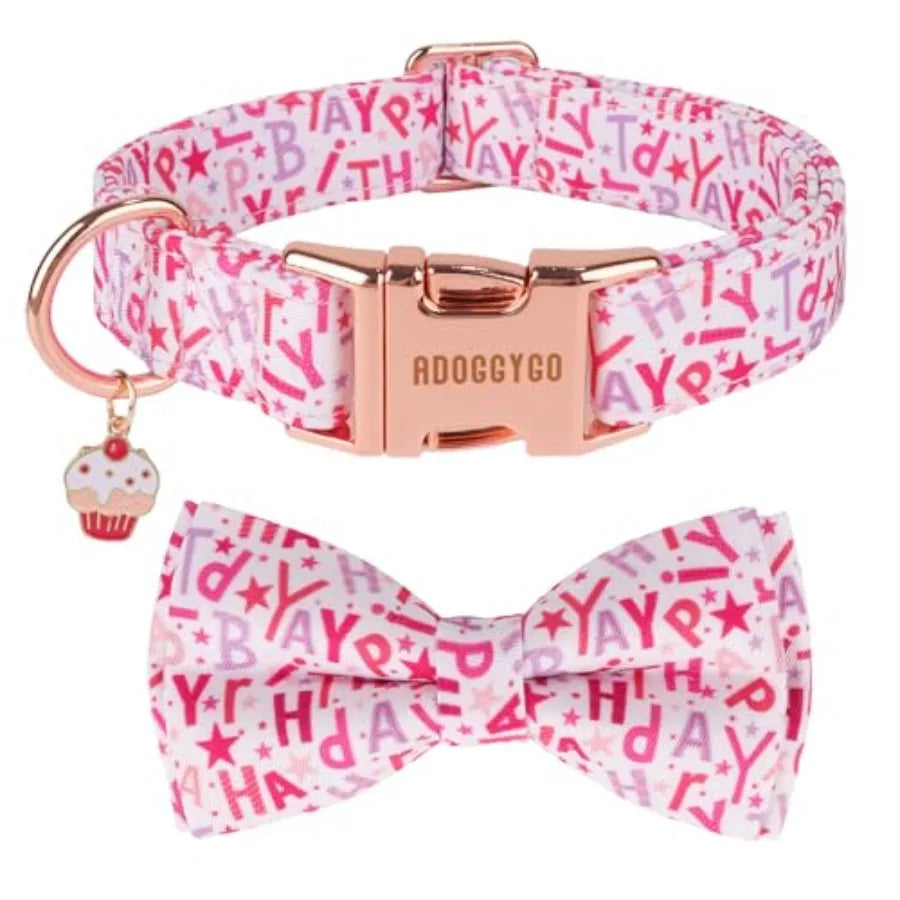Dog Collars with Bow, Detachable Bowtie, Metal Buckle, Adjustable Girl Pet Party Supply for Dogs