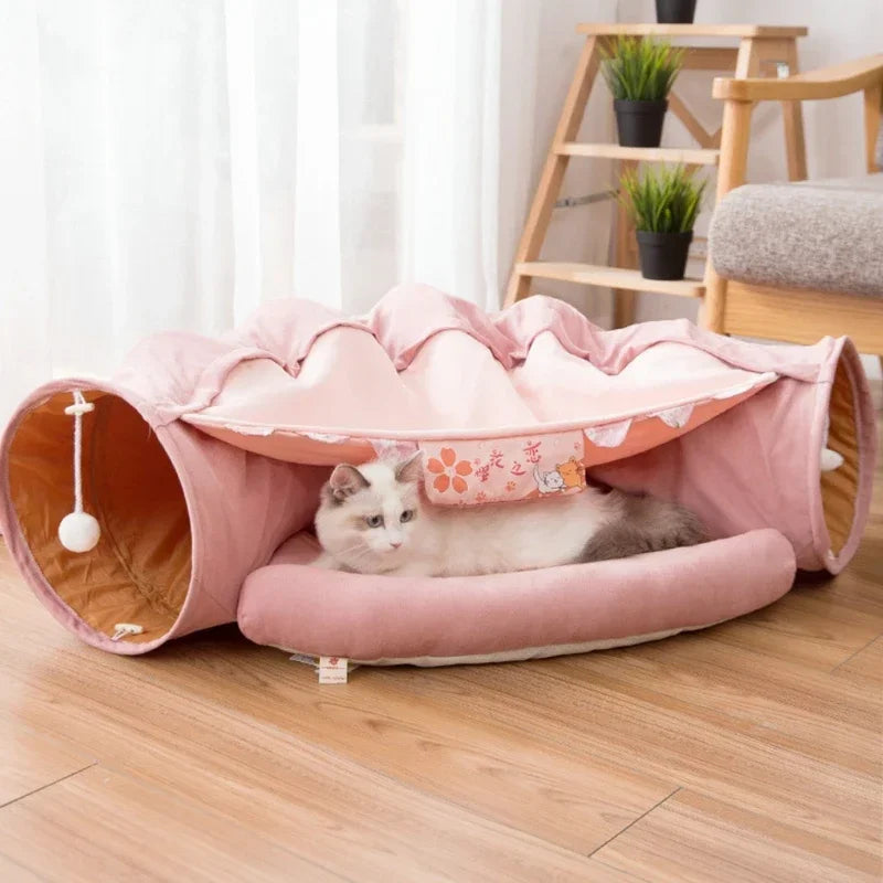 Collapsible Cat Tunnel Bed With Plush Mat for Interactive Play