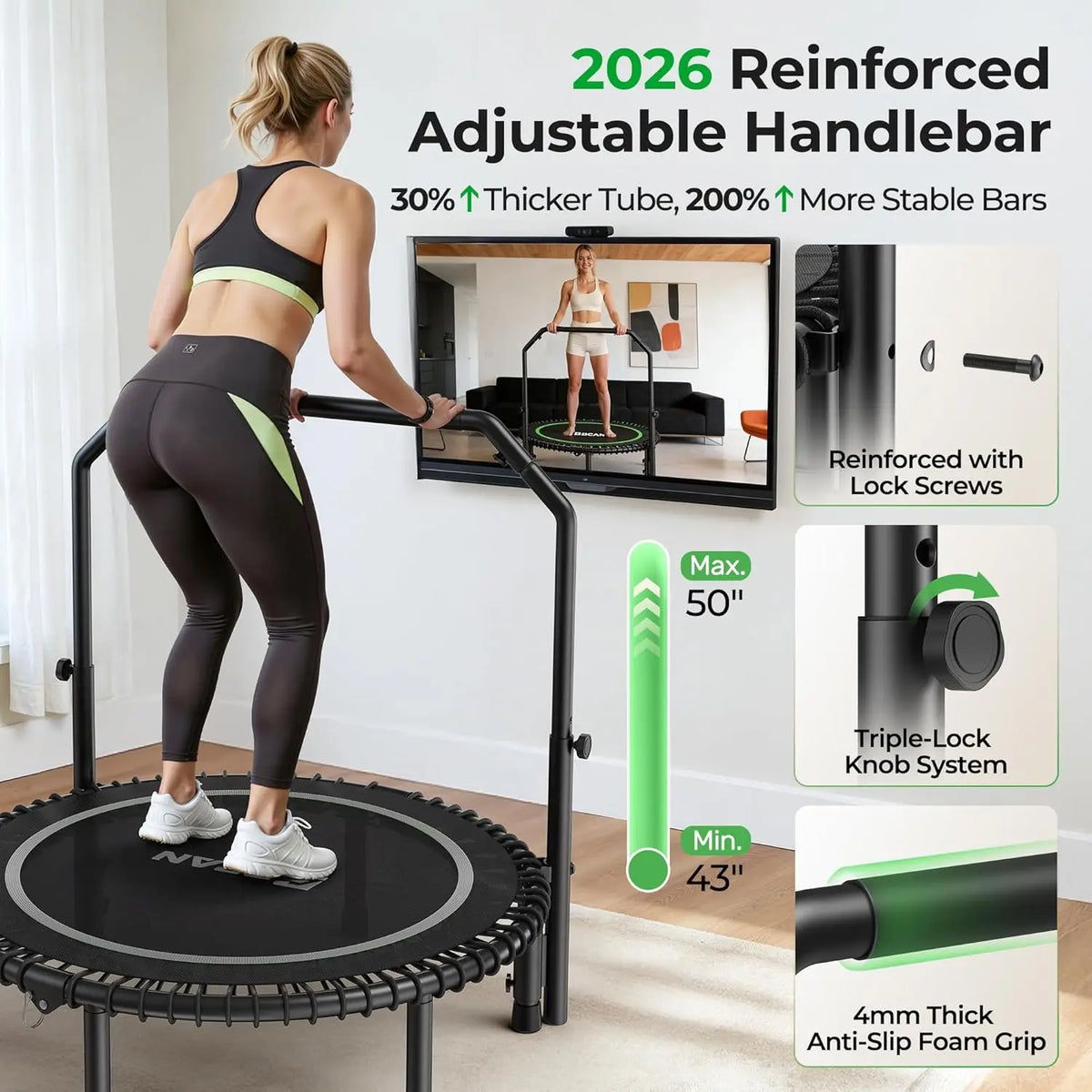 BCAN Mini Rebounder Trampoline With Adjustable Handle For Full Body Workout