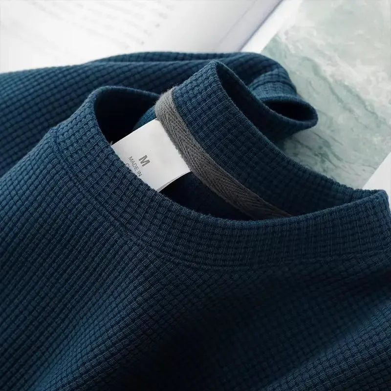 Waffle Short Sleeved T-shirt for Men and Women Summer Japanese Round Neck Half Sleeved Top Loose Casual Solid Color T-shirt