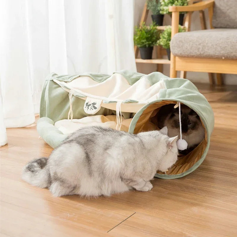 Collapsible Cat Tunnel Bed With Plush Mat for Interactive Play