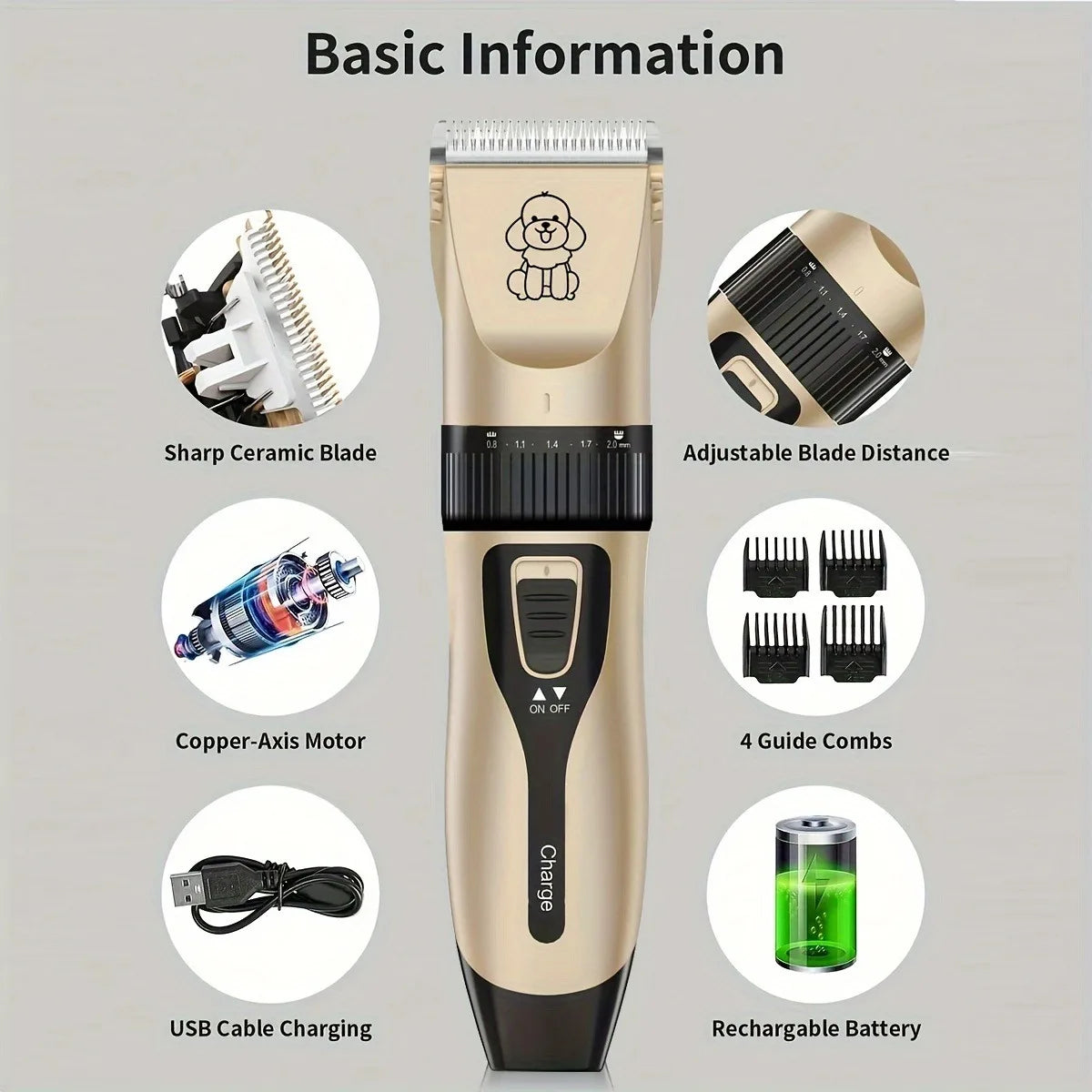 YUKU Cordless Pet Grooming Kit USB Rechargeable Trimmer for Dogs