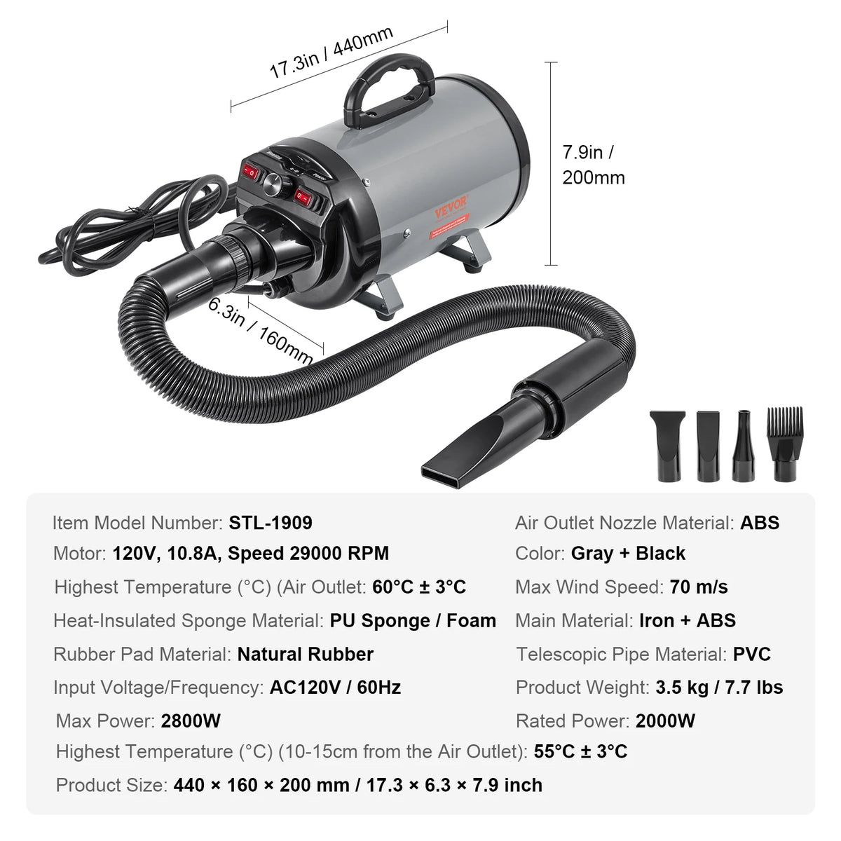 SucceBuy 2000W Dog Blow Dryer With Extendable Hose And Adjustable Speed
