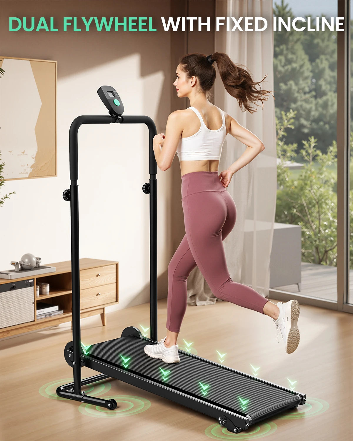 AKLUER Motorless Treadmill With Dual Flywheels Fixed Incline LCD Monitor