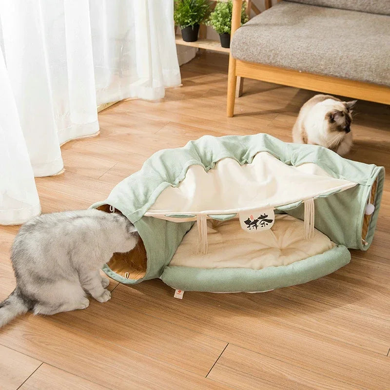 Collapsible Cat Tunnel Bed With Plush Mat for Interactive Play