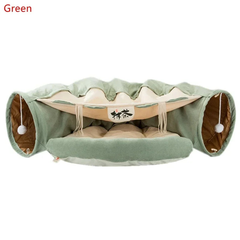 Collapsible Cat Tunnel Bed With Plush Mat for Interactive Play
