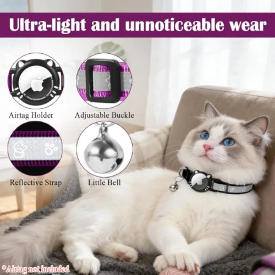 Airtag Cat Collar, Reflective Cat Collar with Apple Air Tag Holder, Breakaway GPS Tracker Pet Collar with Bell for Cat Kitten,
