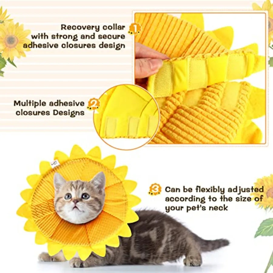 Sunflower Cat Recovery Cone Collar Soft Cotton Pet Cone Collar Adjustable Sunflower Elizabeth Postoperative Protection for Cats