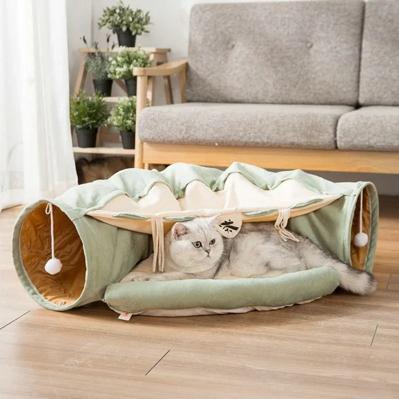 Collapsible Cat Tunnel Bed With Plush Mat for Interactive Play