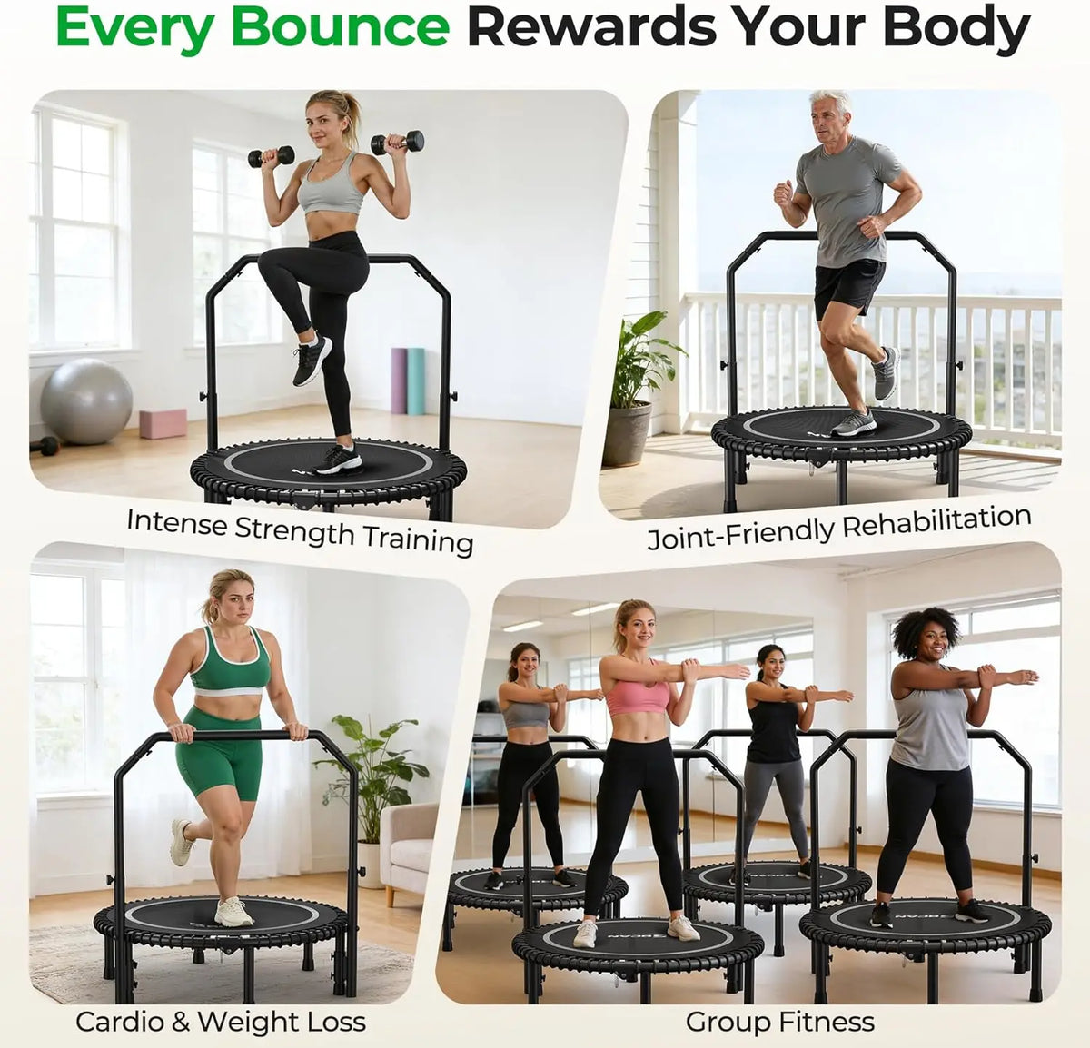 BCAN Mini Rebounder Trampoline With Adjustable Handle For Full Body Workout