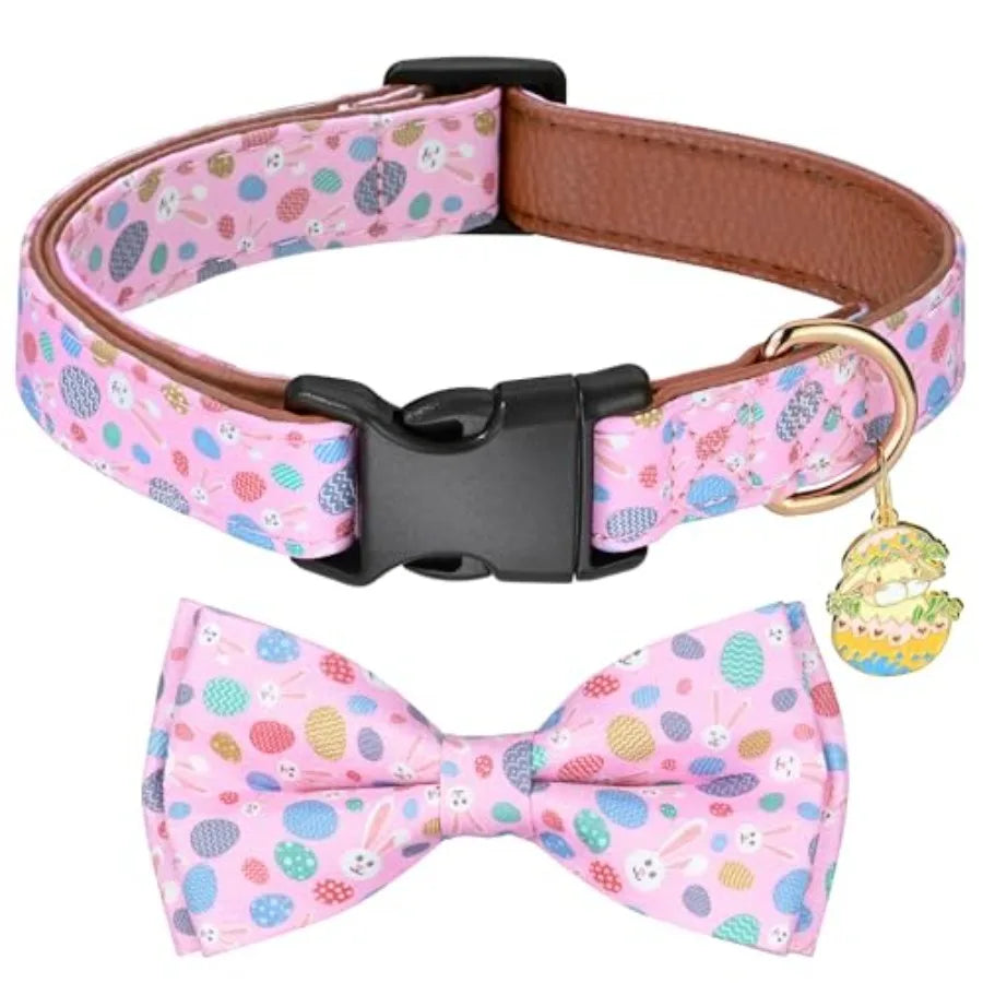 Easter Rabbits Eggs Adjustable Dog Collar Girl Boy Puppy with Detachable Bowtie, Cute Easter Bunny Pet Collar Dog Collar, Soft