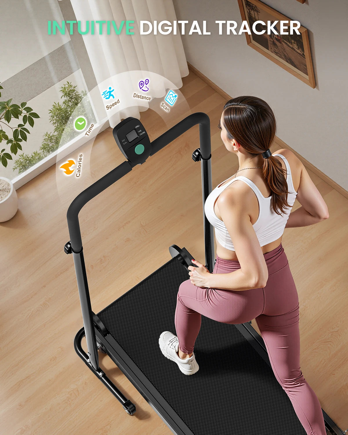 AKLUER Motorless Treadmill With Dual Flywheels Fixed Incline LCD Monitor