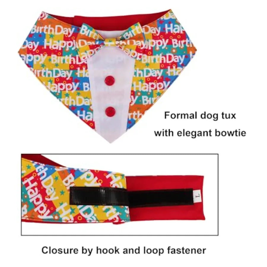 Dog Tuxedo, Adjustable Happy Print Pet Bowtie Collar Bandana for Dogs S