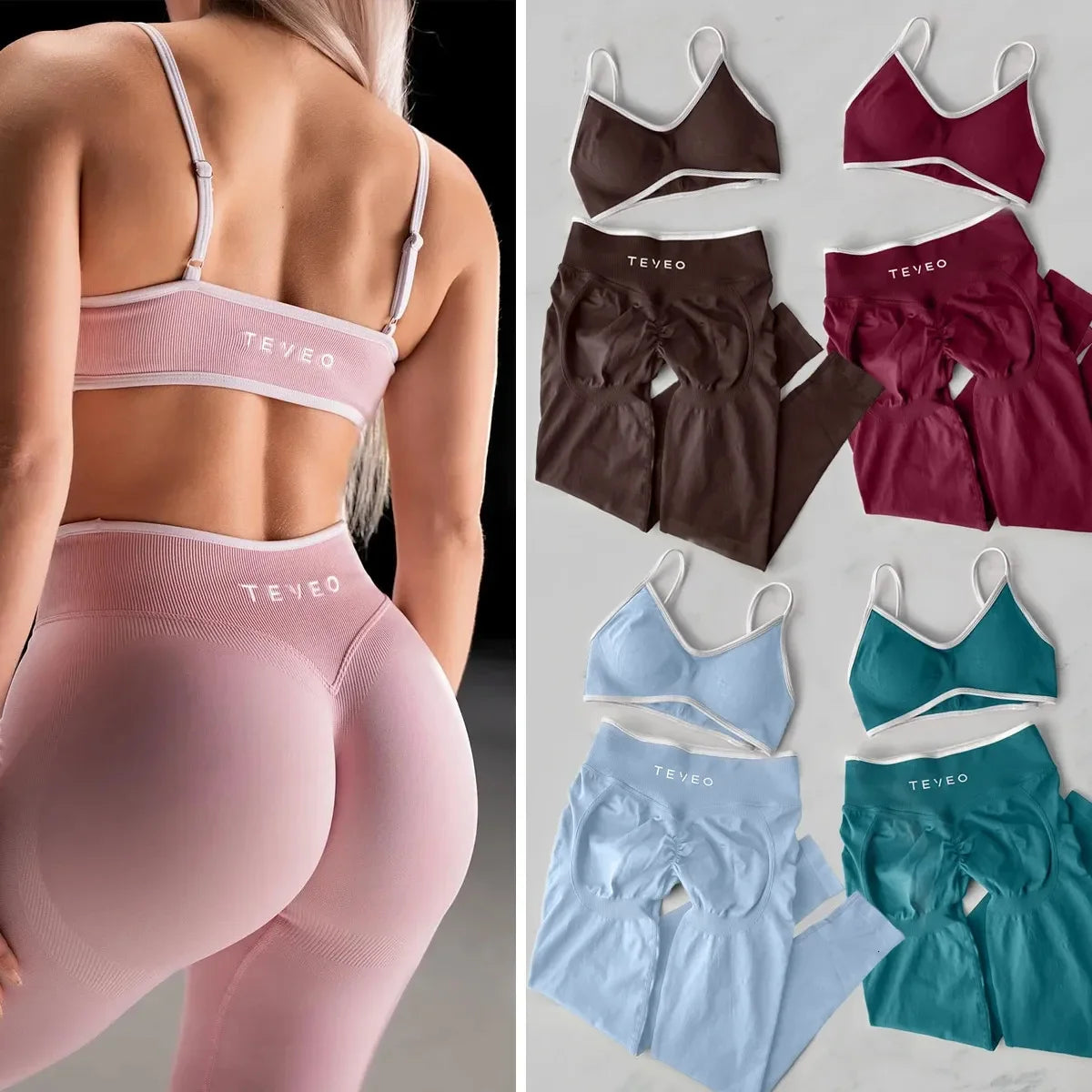 TEVEO 2 Pieces Gym Set Woman leggings set Workout Clothes Bra set Seamless Scrunch legging Yoga Set 250716