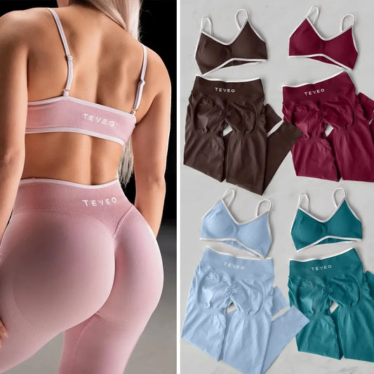 TEVEO 2 Pieces Gym Set Woman leggings set Workout Clothes Bra set Seamless Scrunch legging Yoga Set 250716