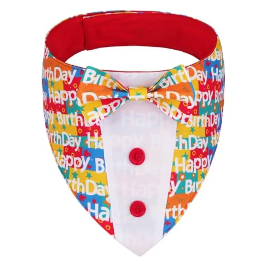 Dog Tuxedo, Adjustable Happy Print Pet Bowtie Collar Bandana for Dogs S