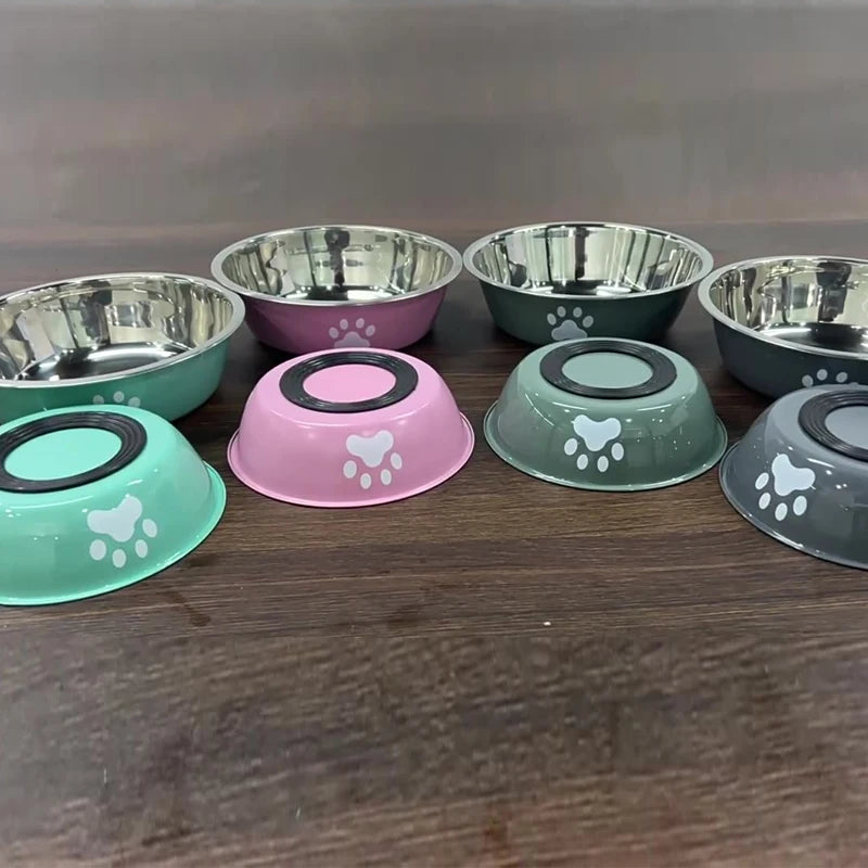 Stainless Steel Pet Bowl With Paw Print Non Slip Base