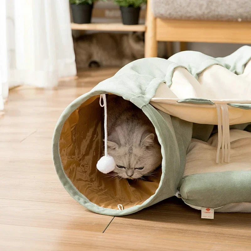Collapsible Cat Tunnel Bed With Plush Mat for Interactive Play