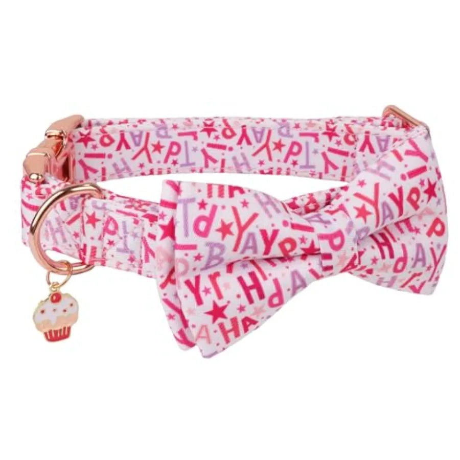 Dog Collars with Bow, Detachable Bowtie, Metal Buckle, Adjustable Girl Pet Party Supply for Dogs